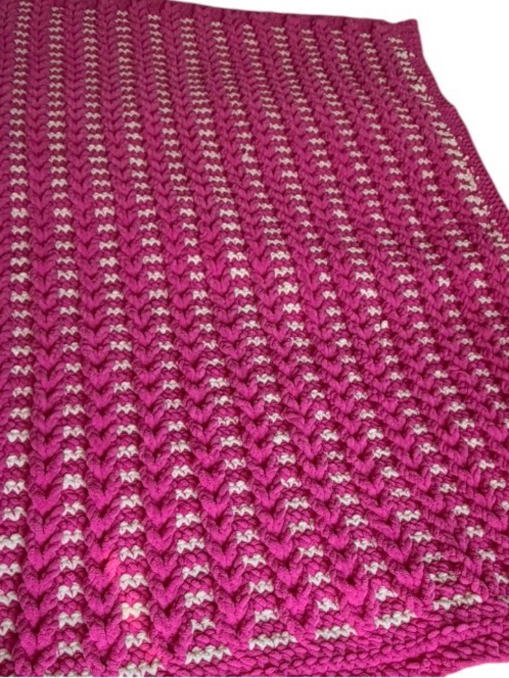 Handmade Chunky Chenille Crochet Blanket Hot Pink White Cozy Throw 57x40 - Picture 7 of 7